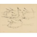 KELLY FEARING (American 1918-2011) A DRAWING, "Ducks," black crayon on paper, signed twice in pencil