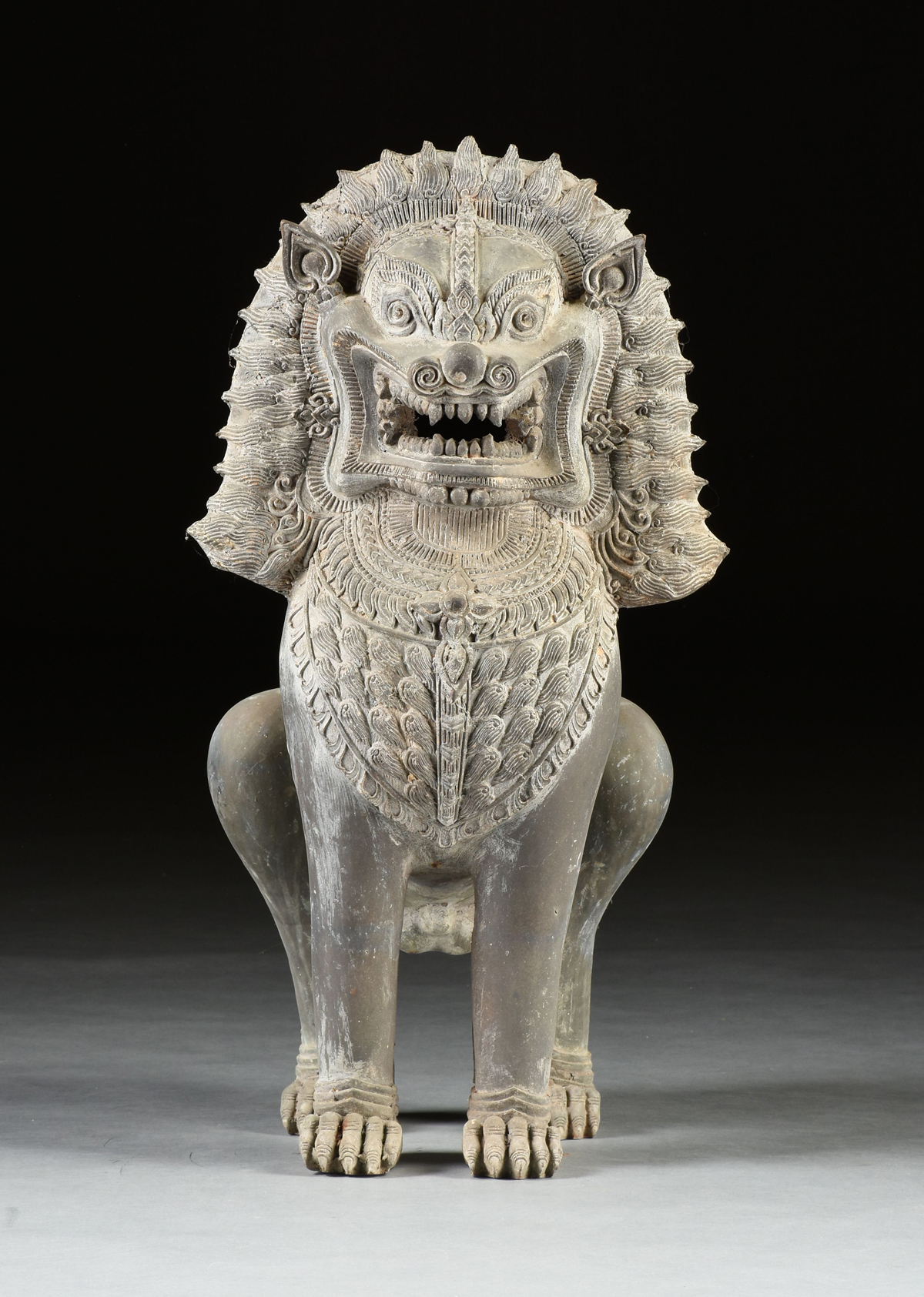 A PAIR OF THAI STYLE BRONZE GUARDIAN LIONS, 20TH CENTURY, seated and forward facing with elaborate - Image 2 of 9