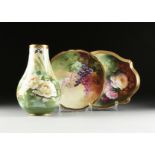 A GROUP OF THREE PARCEL GILT HAND PAINTED PORCELAIN TRAYS AND VASE, AMERICAN, comprising a vase with