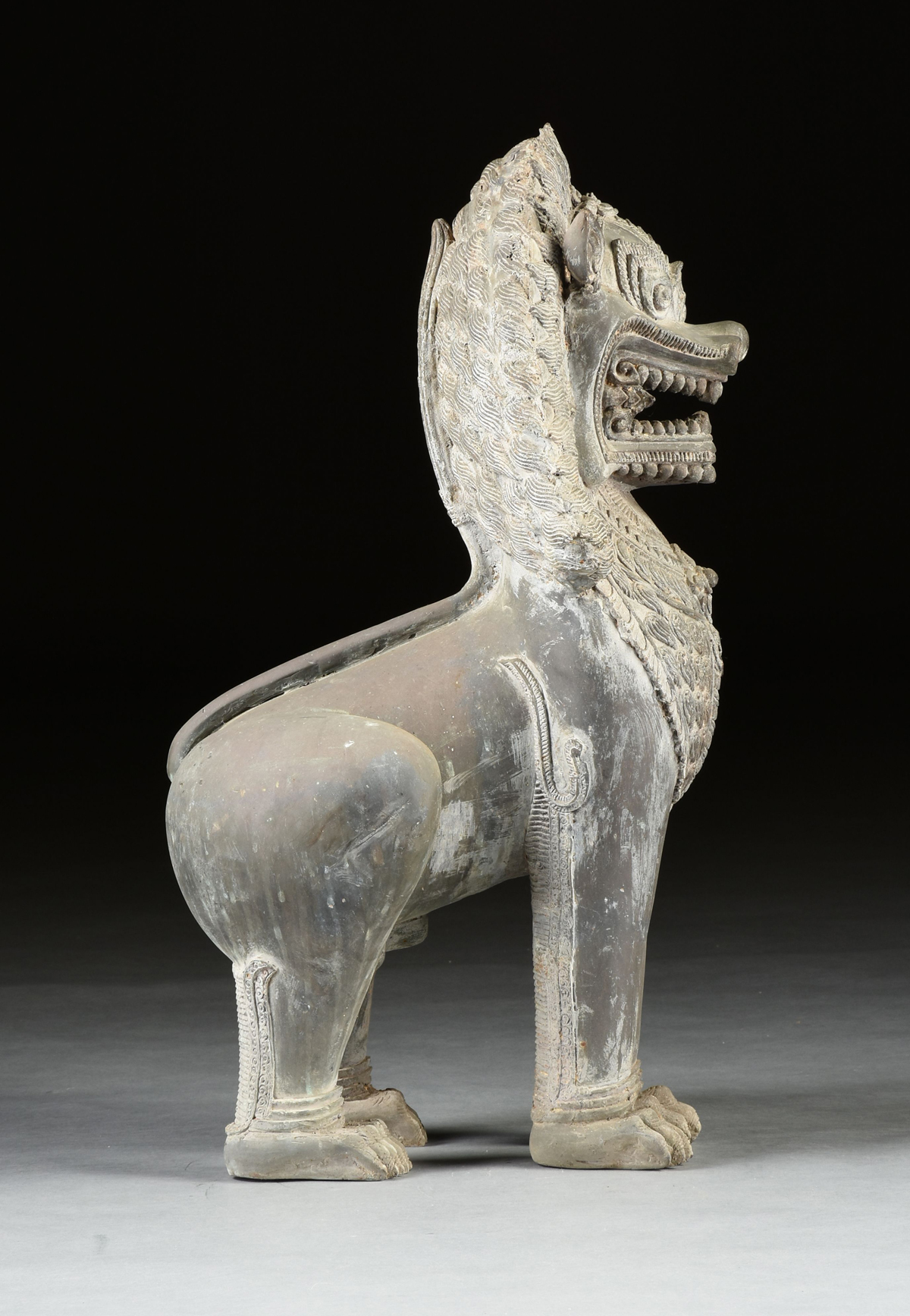 A PAIR OF THAI STYLE BRONZE GUARDIAN LIONS, 20TH CENTURY, seated and forward facing with elaborate - Image 6 of 9