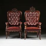 A PAIR OF EARLY VICTORIAN TUFTED LEATHER MAHOGANY LEATHER ARMCHAIRS, CIRCA 1844, in the Voltaire