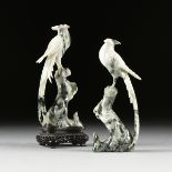 A PAIR OF MOSS IN SNOW JADE BIRD FIGURINES, CHINESE REPUBLIC PERIOD (1912-1949), each plumed hair on