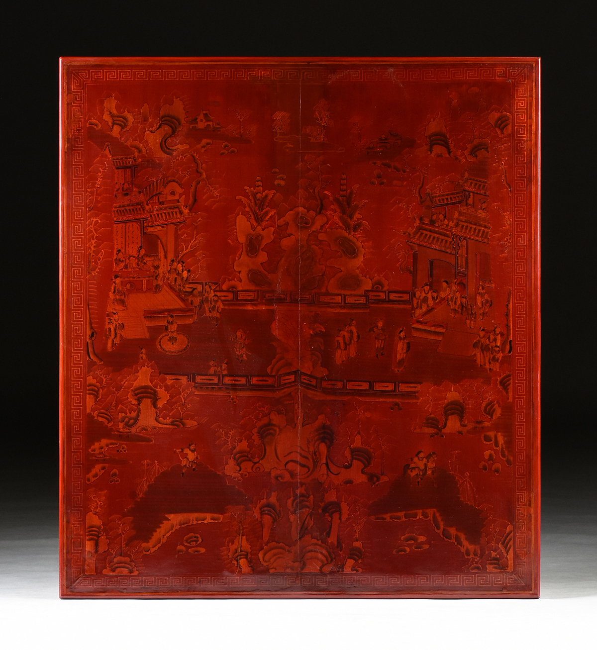 A MODERN CHINOISERIE RED VARNISHED AND SILVER LEAF COFFEE TABLE, LATE 20TH CENTURY, the - Image 2 of 8