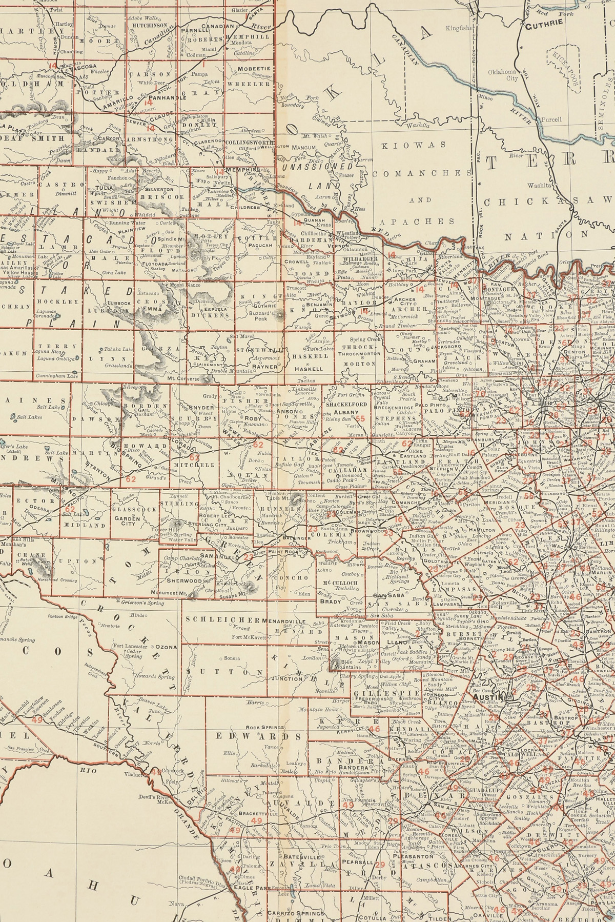 AN ANTIQUE MAP, "Rand McNally & Co.'s Texas," CHICAGO, CIRCA 1892, color engraving on paper, a - Image 4 of 7