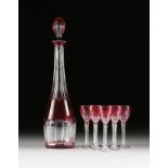 A NINE PIECE FRENCH CRANBERRY CUT TO CLEAR CRYSTAL LIQUEUR SET, VAL ST LAMBERT, BACCARAT, MARKED,