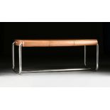 A VINTAGE MODERN TEAK AND CHROME DESK, 1970s, the rectangular top with rounded face composed of