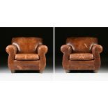 A PAIR OF OVERSTUFFED LEATHER ARMCHAIRS, MODERN, deep lounge chairs with rolled arms, a square