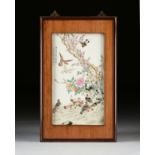 A LARGE CHINESE FAMILE ROSE AND POLYCHROME PAINTED PORCELAIN PLAQUE, of rectangular form and