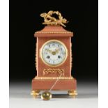 A LOUIS XVI STYLE GILT BRONZE MOUNTED PINK MARBLE MANTLE CLOCK, WORKS BY MOUGIN, EARLY 20TH CENTURY,