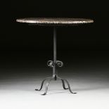 AN ART DECO WROUGHT IRON AND MARBLE TOP BISTRO PEDESTAL TABLE, EARLY 20TH CENTURY, the brÃ¨che