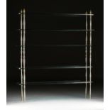 A CONTEMPORARY BRUSHED STEEL AND BRASS GLASS SHELF ETAGÃˆRE, with four rounded rectangular thick