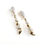 A PAIR OF 18K YELLOW GOLD AND DIAMOND DROP EARRINGS, the spiral design marked "18K" set with 54