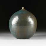 A STUDIO BLUE SLIP GLAZED STONEWARE ART VASE, INCISED MARKS, 20TH CENTURY, the small circular