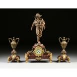 A THREE PIECE FRENCH PATINATED AND GILT SPELTER ON MARBLE FIGURAL MANTLE CLOCK GARNITURE, LATE