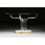 A VINTAGE MODERN SMOKED GLASS AND CHROME CENTER TABLE ON MARBLE BASE, POSSIBLY ITALIAN, CIRCA