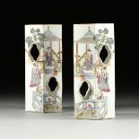 A PAIR OF QING DYNASTY STYLE FAMILLE ROSE ENAMELED HEXAGONAL PORCELAIN WIG STANDS, CHINESE, EARLY