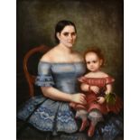FRENCH SCHOOL, A PAINTING, "Lady in a Blue Dress with Child holding Grapes," oil on canvas. 50" x 38