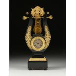 A CHARLES X ORMOLU MOUNTED EBONY LYRE FORM MANTLE CLOCK, BY LUCIEN MAUREL, CIRCA 1827, the