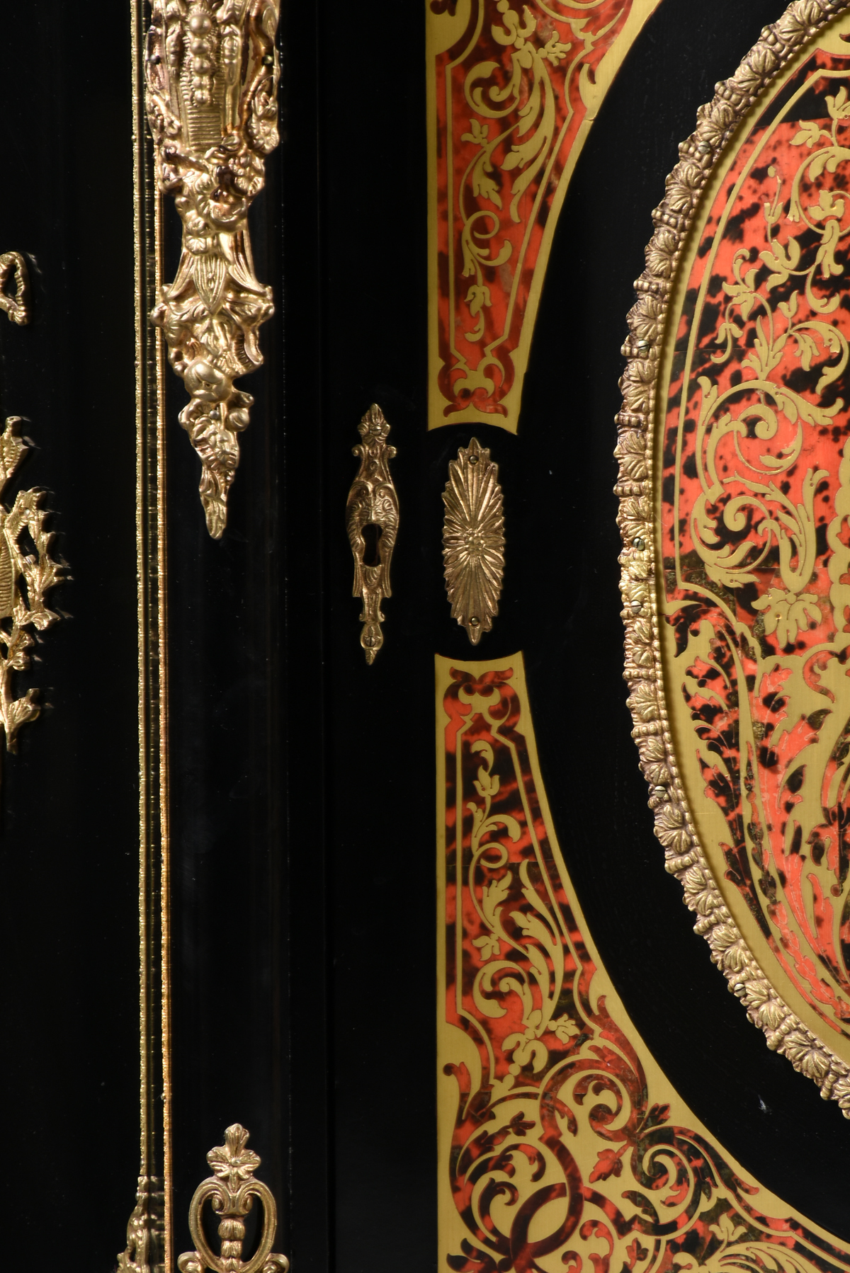 A NAPOLEON III STYLE MARBLE TOPPED AND STENCILED BOULLE MARQUETRY DECORATED EBONIZED CABINET, - Image 8 of 10