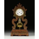 AN ANTIQUE FRENCH BOULLE BRASS MARQUETRY INLAID MANTLE CLOCK, BY GUYRON, PARIS, MID 19TH CENTURY,