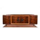 AN ART DECO ROSEWOOD, MAHOGANY AND MAPLE CREDENZA, POSSIBLY AMERICAN, 1930s, of rectangular form and