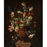 A DUTCH SCHOOL PAINTING, "Still life with Peppermint Tulips, Morning Glories, Roses and Red Lilies,"