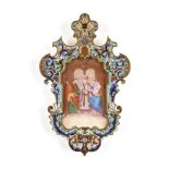 AN FRENCH ENAMELED PORCELAIN PLAQUE IN A BRONZE CHAMPLEVÃ‰ FRAME, "Marriage of the Virgin," LATE