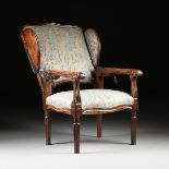 A LOUIS XVI UPHOLSTERED AND CARVED WALNUT ADJUSTABLE FAUTEUIL INCLINABLE, POSSIBLY PROVINCIAL,