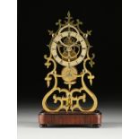 A DOUBLE RING DIAL BRASS SKELETON CLOCK, ENGLISH, 19TH CENTURY, the double reticulated panels of