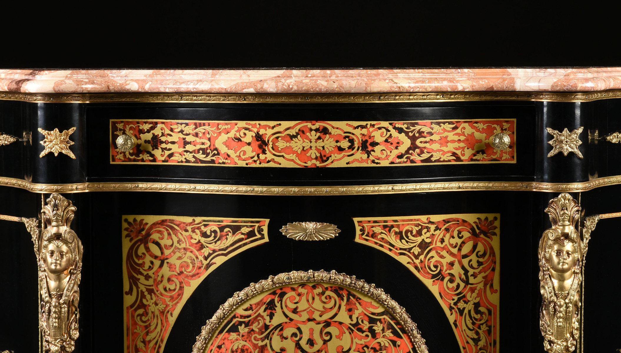 A NAPOLEON III STYLE MARBLE TOPPED AND STENCILED BOULLE MARQUETRY DECORATED EBONIZED CABINET, - Image 4 of 10