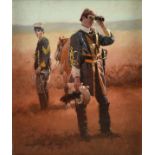 DON PRECHTEL (American b. 1936) A PAINTING, "Mosby's Raiders," oil on pressed card board, signed L/