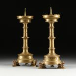 A PAIR OF MEDIEVAL STYLE BRONZE CHURCH ALTAR PRICKET STICKS, POSSIBLY ITALIAN, LATE 19TH/EARLY