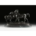 after PIERRE-JULES MÃŠNE (French 1810-1879) A BRONZE HORSE SCULPTURE, "L'Accolade," 20TH CENTURY,
