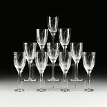 A SET OF TEN LALIQUE "ANGE" CRYSTAL CHAMPAGNE FLUTES, 1945-1960, each of frosted etched and molded