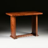 AN ART DECO BURLED MAPLE CENTER TABLE, POSSIBLY FRENCH, 1930s, the rectangular top on two vertical