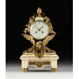 A LOUIS XVI STYLE ORMOLU MOUNTED WHITE MARBLE MANTLE CLOCK, WORKS BY VINCENTI, CIRCA 1855, centering