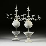 A PAIR OF VINTAGE BELGIAN EIGHT LIGHT GREEN WEATHERED ZINC GARDEN TABLE CANDELABRAS, WOESTIJN ROOS