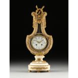 A LOUIS XVI STYLE ORMOLU AND FAUX BRILLIANTS MOUNTED LYRE FORM MARBLE MANTLE CLOCK, LATE 19TH/