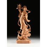 A LARGE CHINESE/TAIWANESE WOOD SCULPTURE OF LAN CAIHE, CIRCA 1982, beautifully carved from a