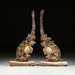 A PAIR OF LARGE ITALIAN ROCOCO GILT AND FAUX MARBLE PAINTED ARCHITECTURAL FRAGMENTS, POSSIBLY