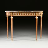 A LOUIS XVI REVIVAL STYLE MARBLE TOPPED AND PORCELAIN MOUNTED BEECH CONSOLE TABLE, LATE 20TH