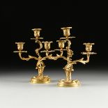 A PAIR OF DIMINUTIVE LOUIS XV STYLE GILT BRONZE THREE LIGHT CANDELABRAS, LATE 19TH CENTURY, each