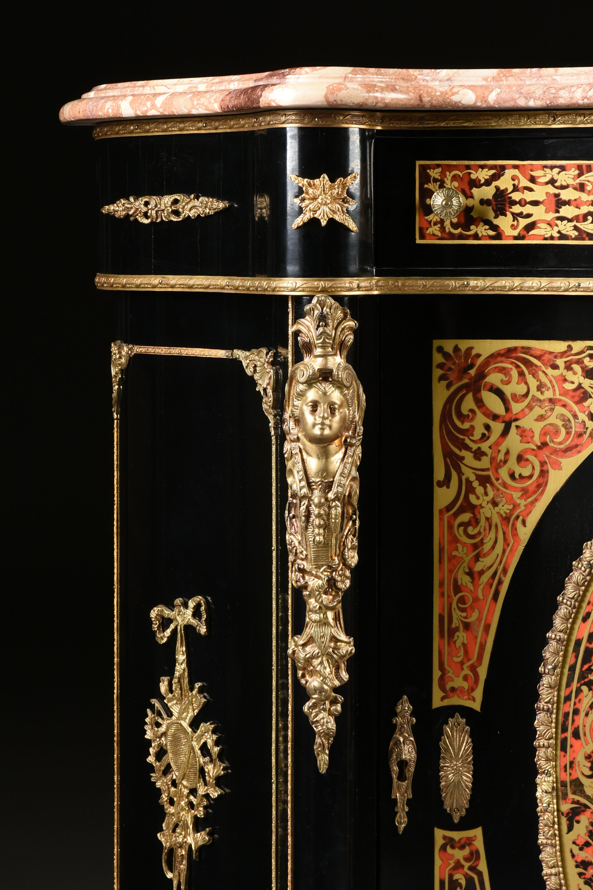 A NAPOLEON III STYLE MARBLE TOPPED AND STENCILED BOULLE MARQUETRY DECORATED EBONIZED CABINET, - Image 5 of 10