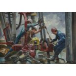 ROBERT LAVIN (American 1919-1997) A PAINTING, "Sketch for 'Oil Workers,'" CIRCA 1982, oil on pressed