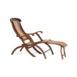 AN ANTIQUE ENGLISH CANED WALNUT FOLDING LOUNGE CHAIR, INITIALED W.B., WILLIAM BARROW, 1830-1890, the