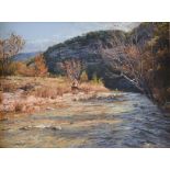 JAMES ROBINSON (American/Texas 1944-2015) A PAINTING, "Gorge by the River," acrylic on pressed