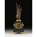 A NEO-GREC PATINATED AND GILT METAL "LADY LIBERTY" MOUNTED MARBLE MANTLE CLOCK, FRENCH, CIRCA