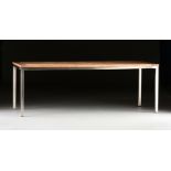 A CONTEMPORARY RECLAIMED AND PEGGED TEAK TIMBER ON BRUSHED STEEL DINING TABLE, the top with