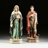 A PAIR OF ECCLESIASTICAL PAINTED WOOD SANTO FIGURES, EARLY/MID 19TH CENTURY, parcel gilt, painted