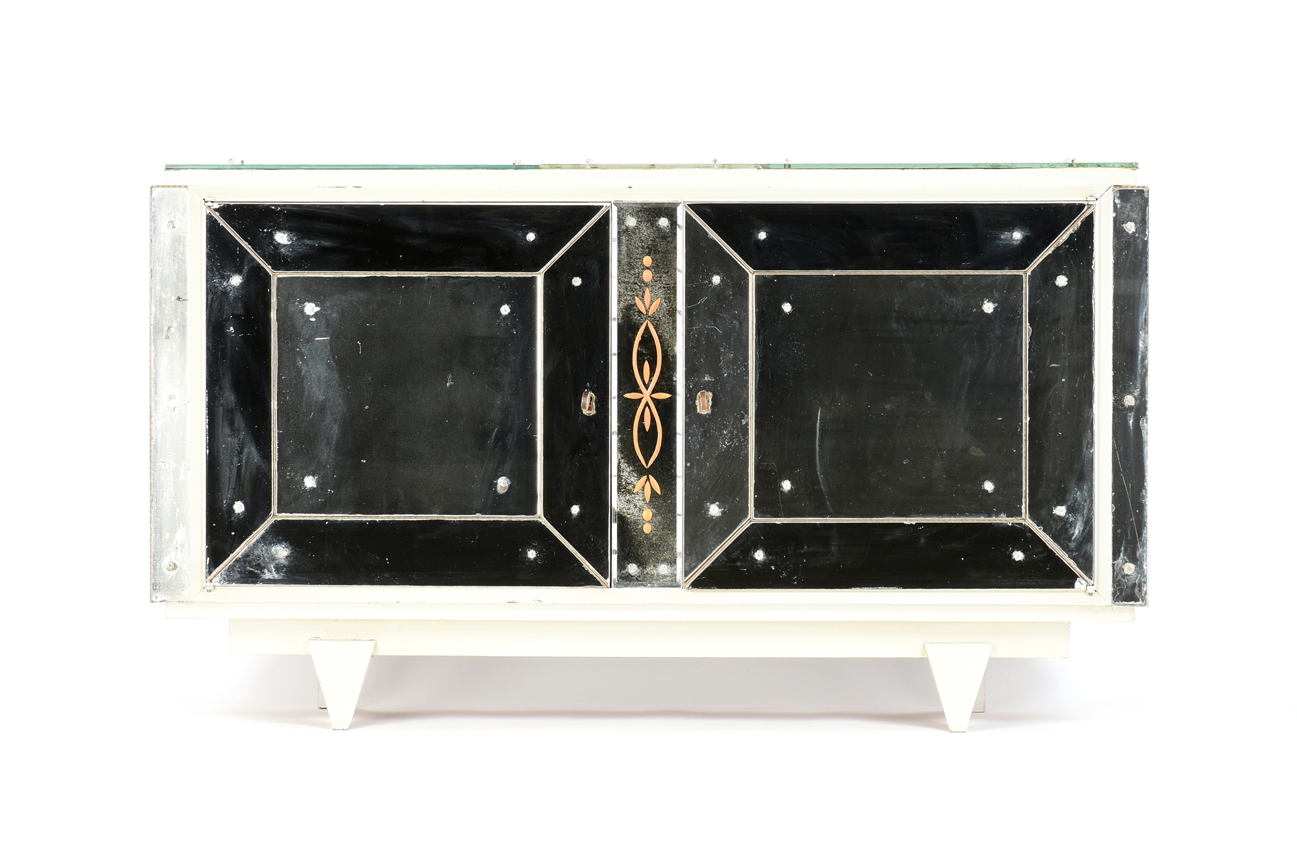 A FRENCH ART MODERNE MIRRORED AND WHITE PAINTED CREDENZA,1950s, in a Hollywood Regency style with